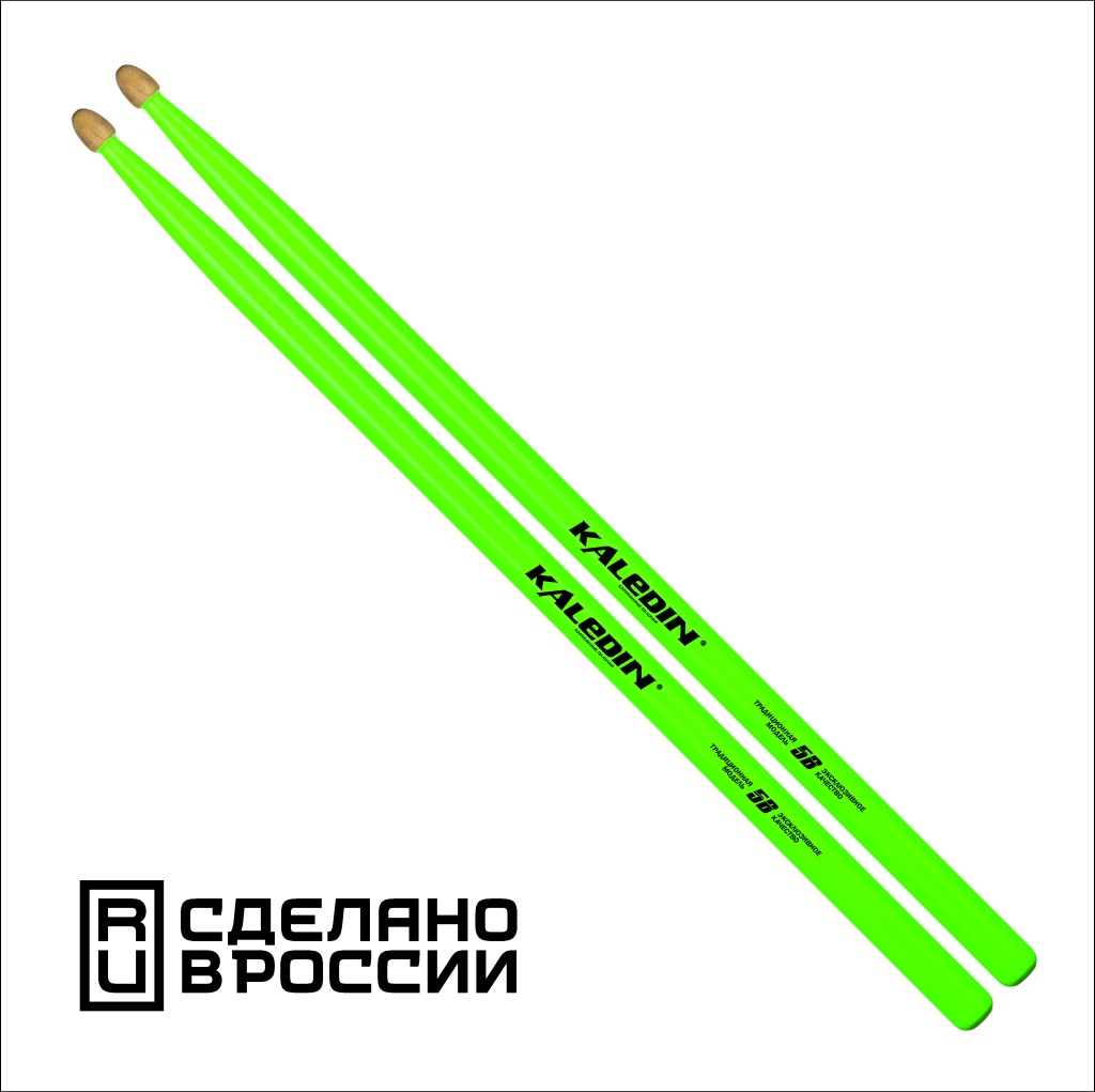 7KLHBGR5B 5B Барабанные палочки, граб, флуоресцентные зеленые, Kaledin Drumsticks