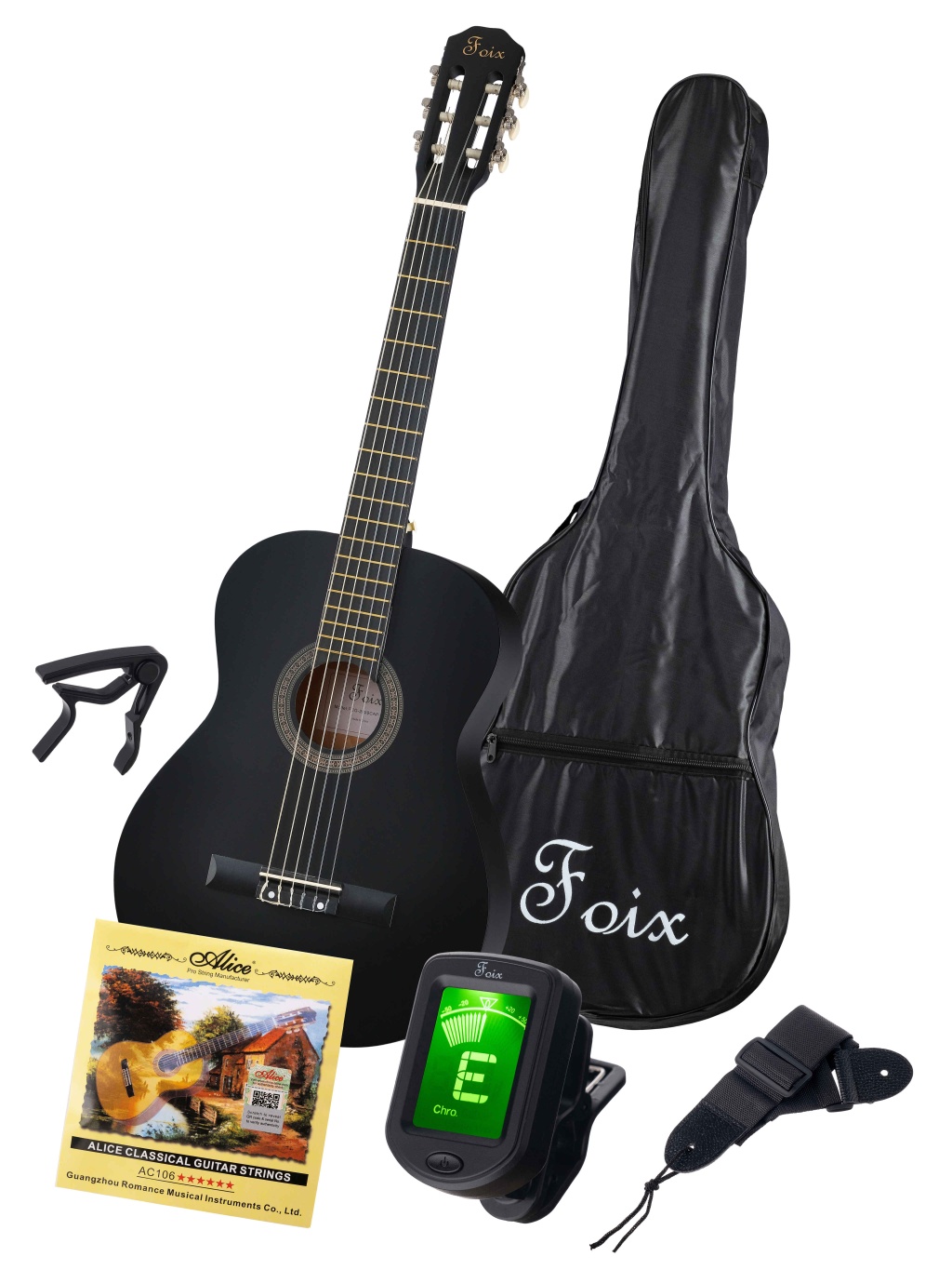 FCG-2039CAP-BK Классическая гитара с чехлом, ремнем, тюнером, черная, Foix