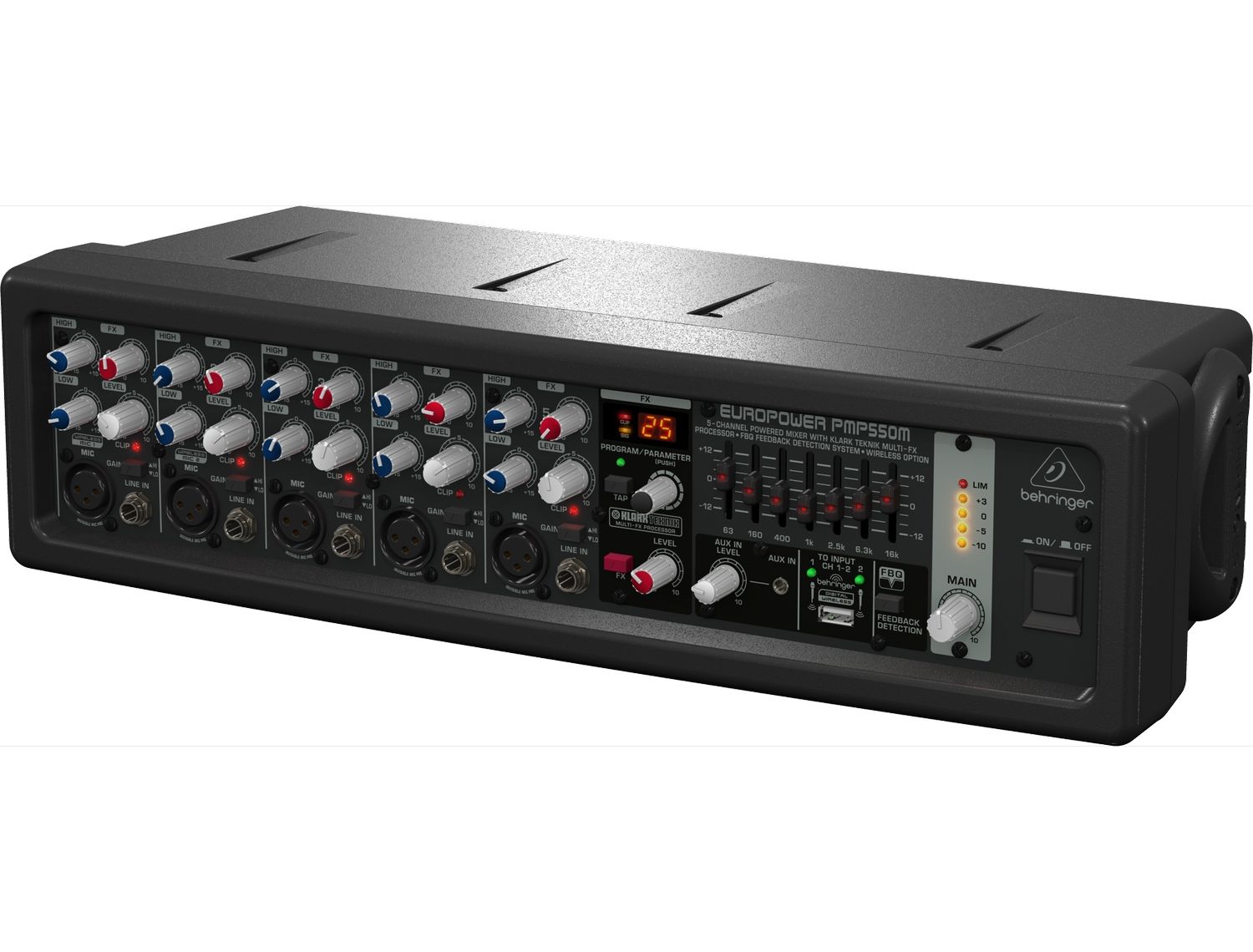 BEHRINGER PMP550M - микшер с усилителем, 500Вт, 5 каналов, 7 полосный графический эквалайзер