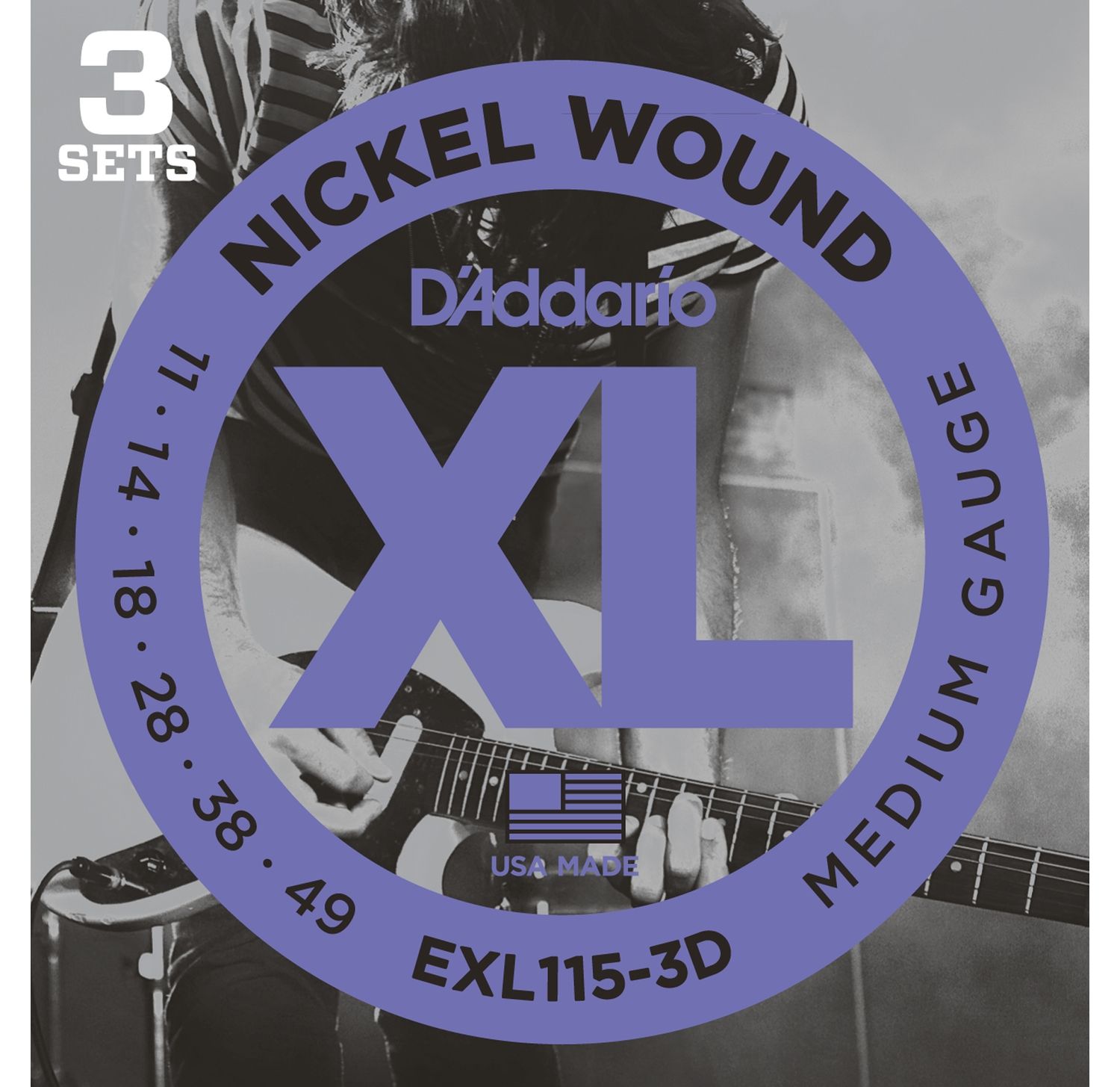 D'ADDARIO EXL115-3D - струны для электрогитары., Blues/Jazz Rock, никель, 11-49, 3 комплекта