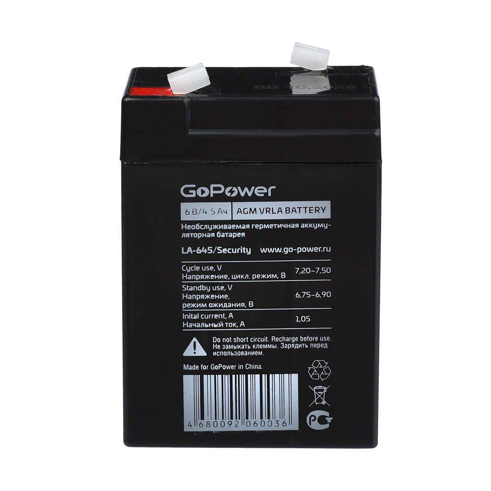 00-00015321 LA-645/security Аккумулятор cвинцово-кислотный 6В, GoPower