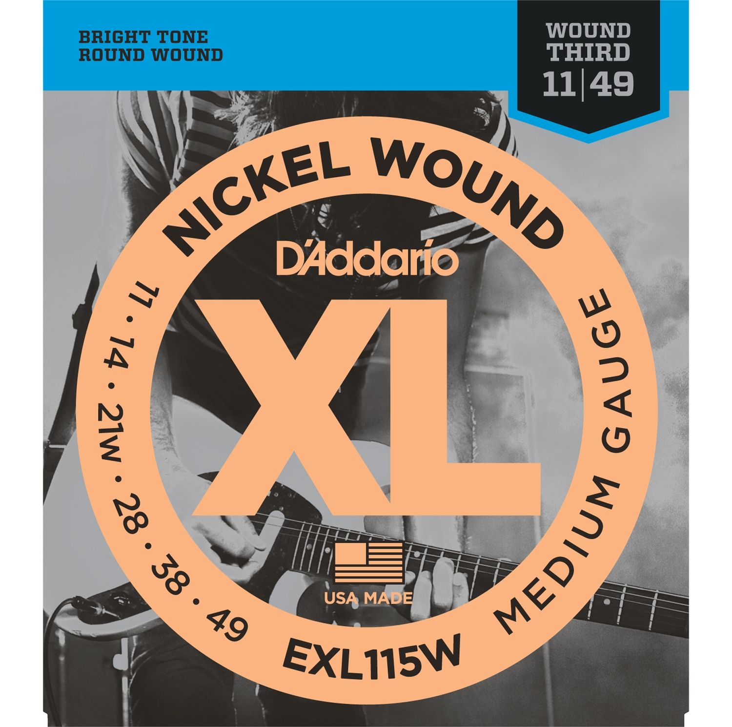 D'ADDARIO EXL115W - струны для электрогитары, Blues/Jazz Rock, никель, 11-49, 3стр. в оплётке