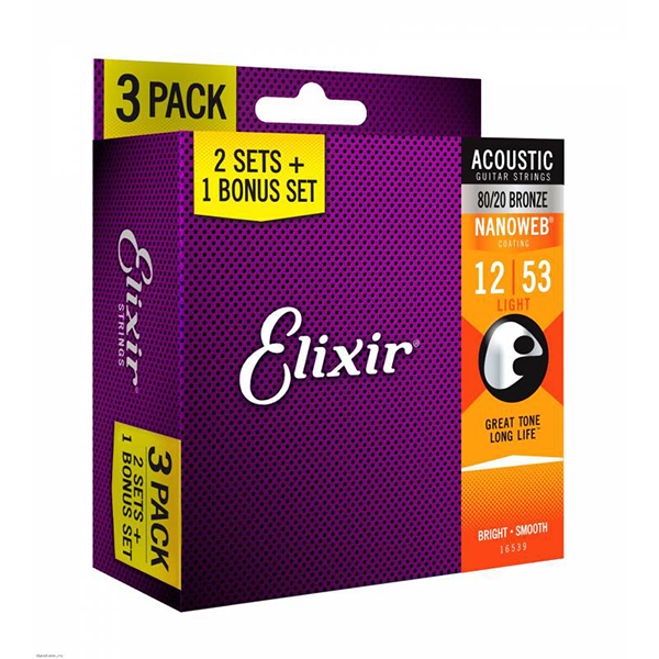 16539 NANOWEB Струны для акустической гитары, 3 комплекта, Light, бронза 80/20, 12-53, Elixir