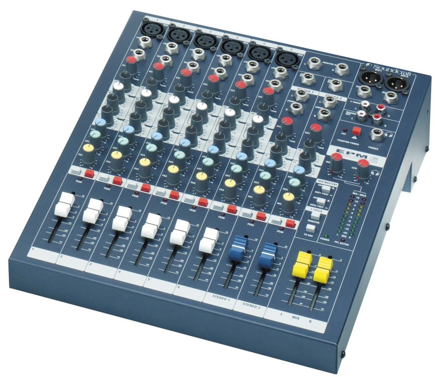 SOUNDCRAFT EPM6 - микш. пульт 6 моно, 2 стерео, 2 Aux, фейдеры 60мм. Возможен монтаж в рэк, крепле