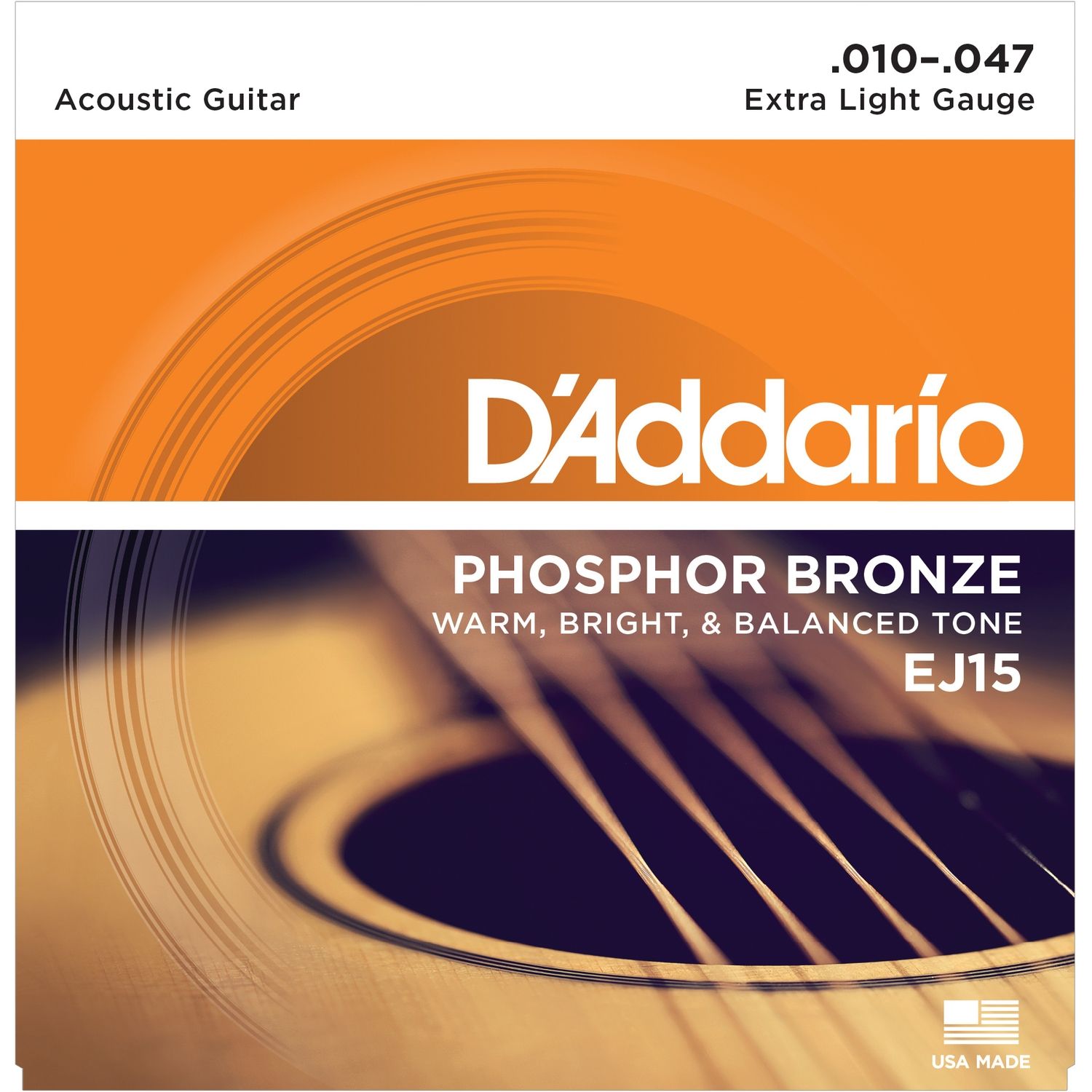 D'ADDARIO EJ15 - струны для акустической гитары, с обмоткой из фосфорной бронзы, Extra Light 10-47