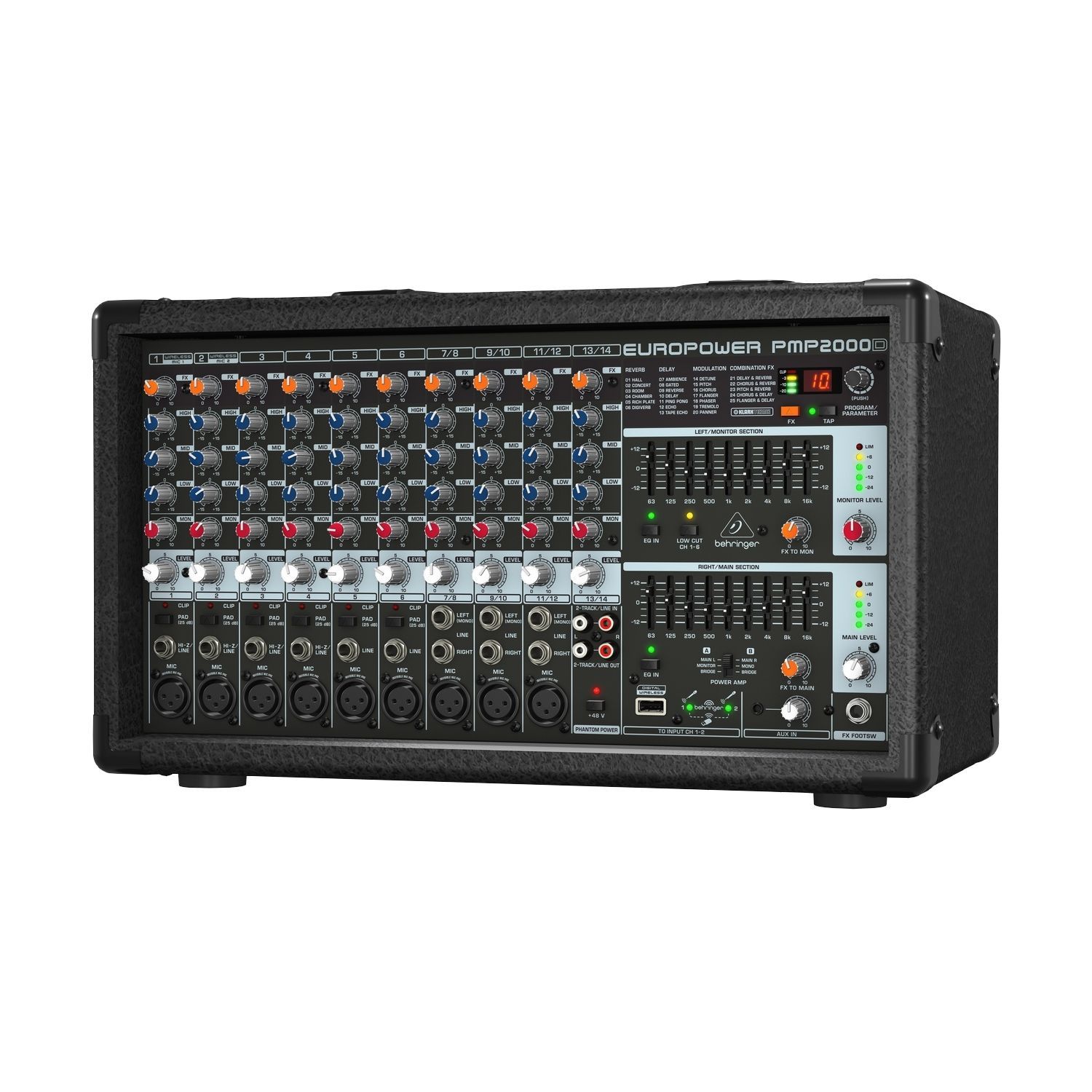 BEHRINGER PMP2000D - микшер-усилит, 2x500 Вт на 8 Ом (2 x 1000 Вт на 4 Ом),14 каналов