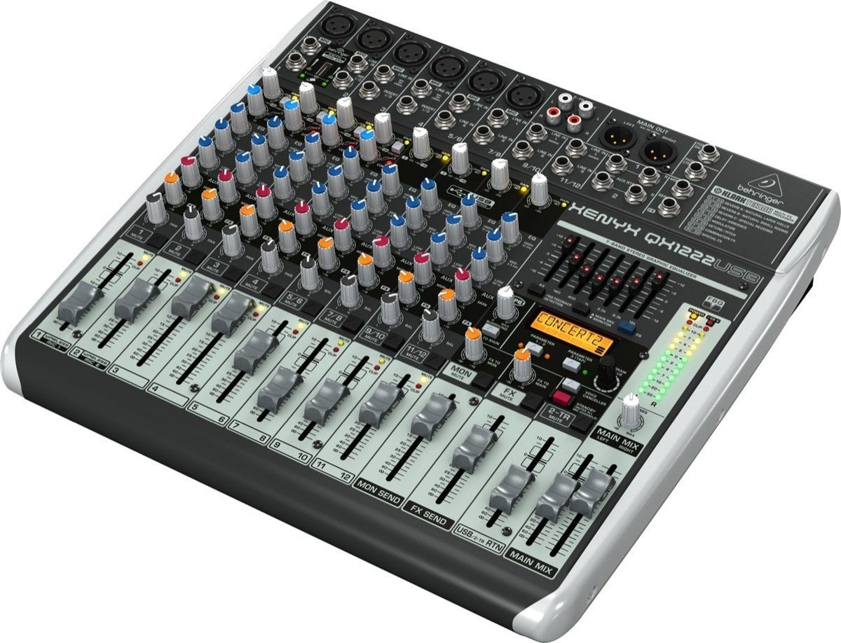 BEHRINGER QX1222USB - микшер, 16 каналов, USB/аудио интерфейс, мик предусил и компр, 7 EQ, Multi FX