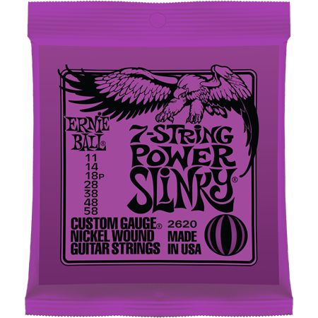 P02620 Power Slinky Комплект cтрун для 7-струнной электрогитары, никель, 11-58, Ernie Ball