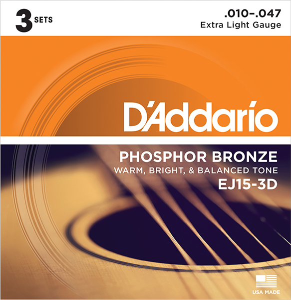 EJ15-3D PHOSPHOR BRONZE Коробка из 3 компл. струн  для акуст. гитары Extra Light 10-47 D`Addario