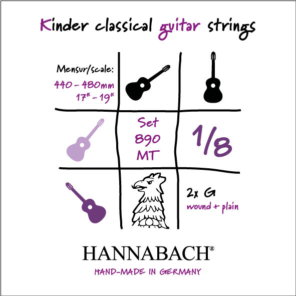 890MT18 Kinder Guitar Size Комплект струн для классической гитары 1/8, посеребренные, Hannabach