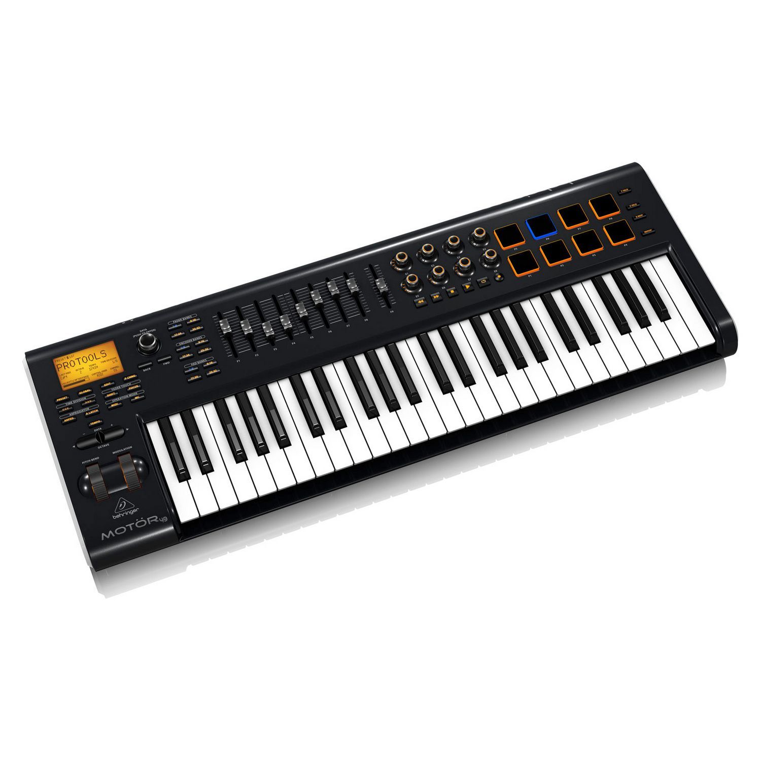 BEHRINGER MOTOR 49 - клавиатура USB/MIDI , 49 клавиш, 9 моторизированных 60 мм фейдеров, 8 пэдов