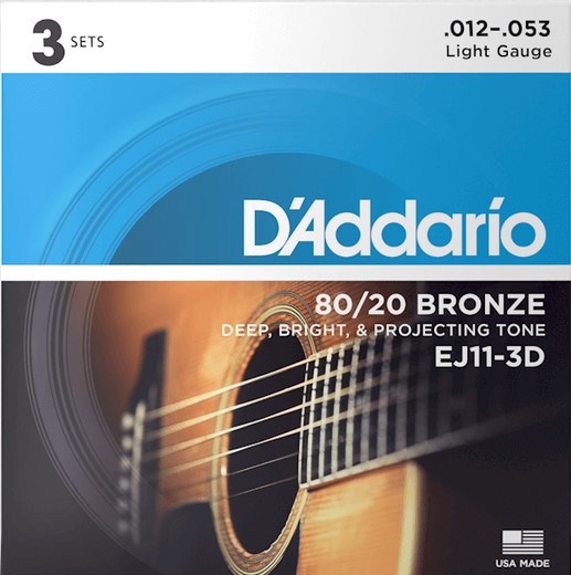 EJ11-3D Bronze 80/20 Струны для акустической гитары, бронза, 12-53, 3 комплекта, D'Addario