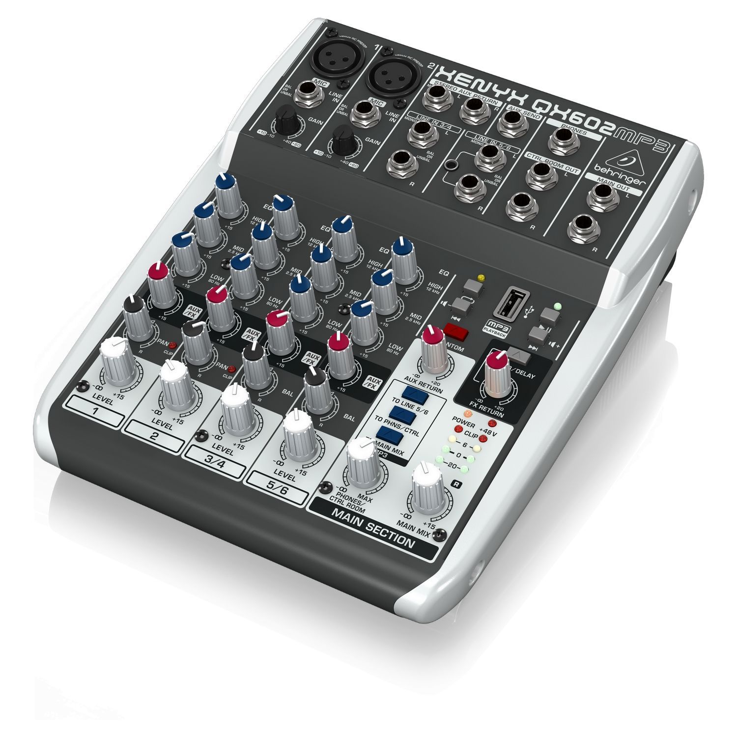 BEHRINGER QX602MP3 - микшер, 6 каналов, 2 микр. предусил. XENYX, USB МР3 плеер, British EQ, Multi FX