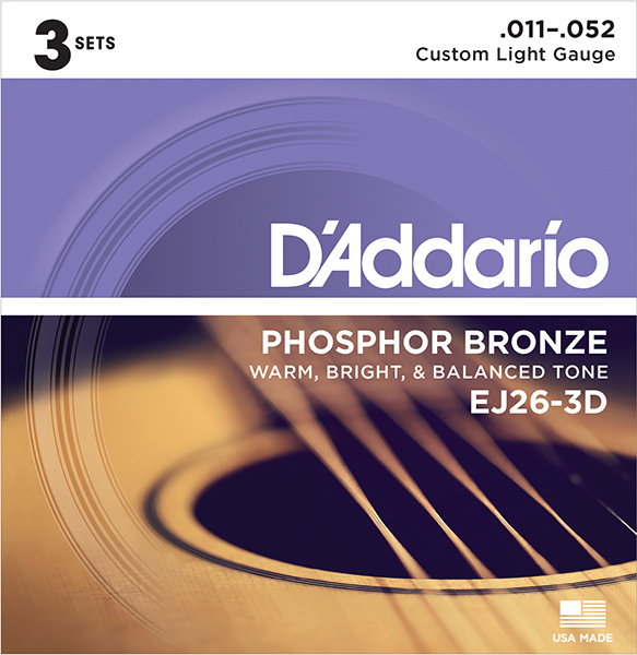 EJ26-3D Phosphor Bronze Струны для акустической гитары, Custom Light, 11-52, 3 комплекта, D'Addario