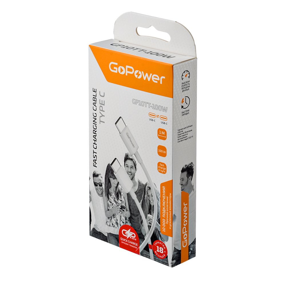 00-00022802 Кабель GP10TT-100W Type-C (m)-Type-C (m) 1.0м, 100W, белый, GoPower